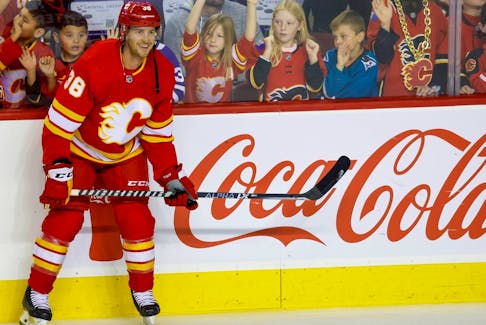 Brett Sutter in warmup before a pre-season game between the Calgary Flames and Vancouver Canucks at Scotiabank Saddledome in Calgary on Sunday, Sept. 25, 2022.