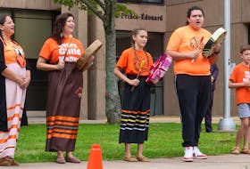 Drummers stand outside the Shaw building in Charlottetown on the first ever National Day for Truth and Reconciliation in 2021. From left are Julie Pellisier-Lush, Jenene Wooldridge, Lexis Francis, Sean Lush and Taite Wooldridge. People will gather to mark the second annual national day on Sept. 30.