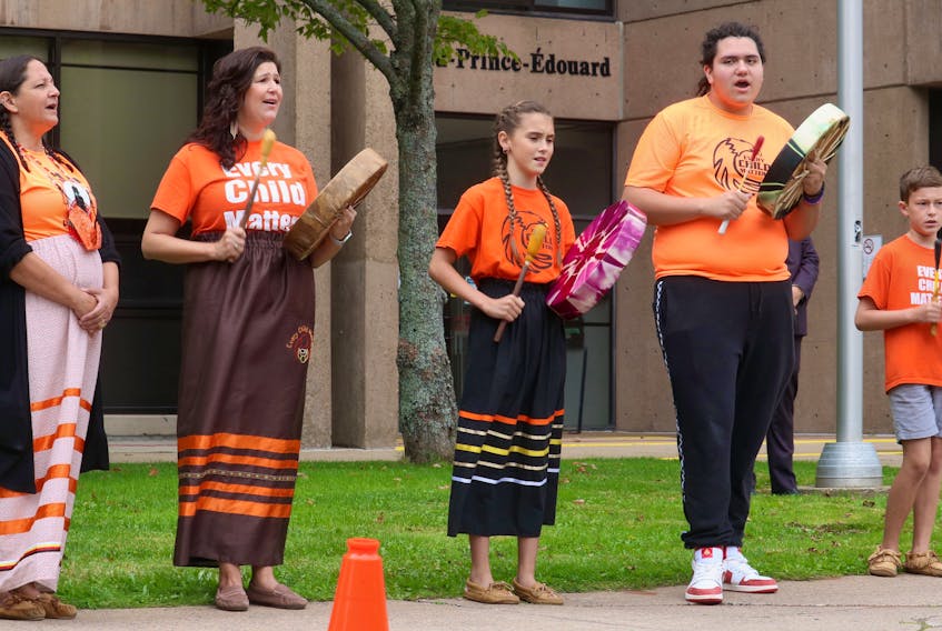 Drummers stand outside the Shaw building in Charlottetown on the first ever National Day for Truth and Reconciliation in 2021. From left are Julie Pellisier-Lush, Jenene Wooldridge, Lexis Francis, Sean Lush and Taite Wooldridge. People will gather to mark the second annual national day on Sept. 30.