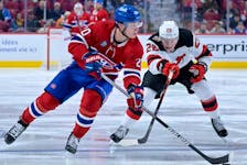 Canadiens forward Juraj Slafkovsky carries the puck during NHL preseason game against the New Jersey Devils at the Bell Centre on Monday night.
