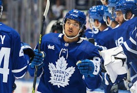Nick Robertson of the Toronto Maple Leafs celebrates a goal against the Montreal Canadiens during an NHL pre-season game at Scotiabank Arena on September 28, 2022 in Toronto, Ontario, Canada.