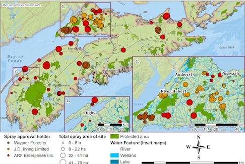This map compiled by Shanni Bale shows glyphosate aerial spray sites across mainland Nova Scotia approved by Nova Scotia Environment for 2022. CONTRIBUTED