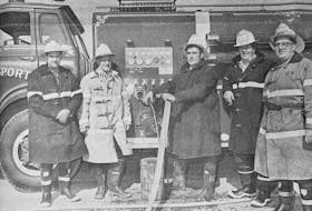 Hants County fire chiefs from 1972 that took part in a firefighting demonstration posed for a photo in front of Hantsport’s new fire truck. Pictured are, from left, Ted Burgess (Walton); Walter Stephens (Windsor); Don MacNeil (Hantsport); Doug Lyghtle (Noel) and Tom Chesterman (Brooklyn).