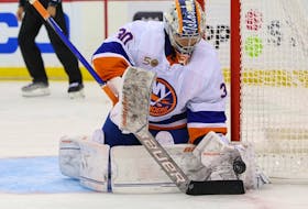 Sep 27, 2022; Newark, New Jersey, USA; New York Islanders goaltender Ilya Sorokin (30) makes a save against the New Jersey Devils during the second period at Prudential Center.  