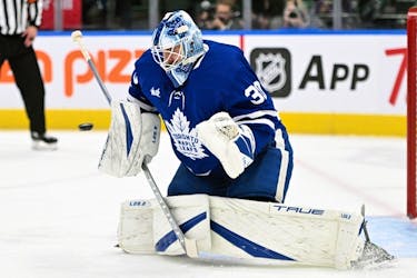 Maple Leafs goalie Matt Murray makes a save against the Montreal Canadiens in the first period at Scotiabank Arena on Wednesday, Sept. 28, 2022. 