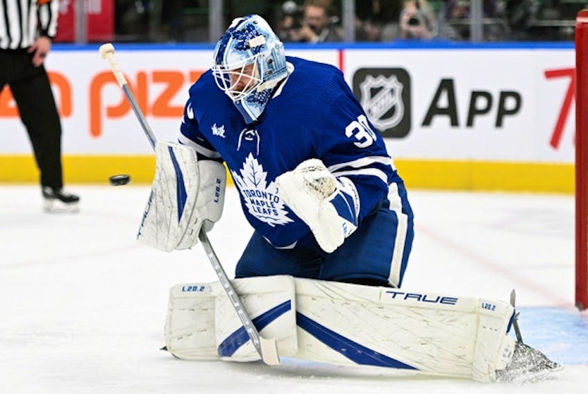 Maple Leafs goalie Matt Murray makes a save against the Montreal Canadiens in the first period at Scotiabank Arena on Wednesday, Sept. 28, 2022. 