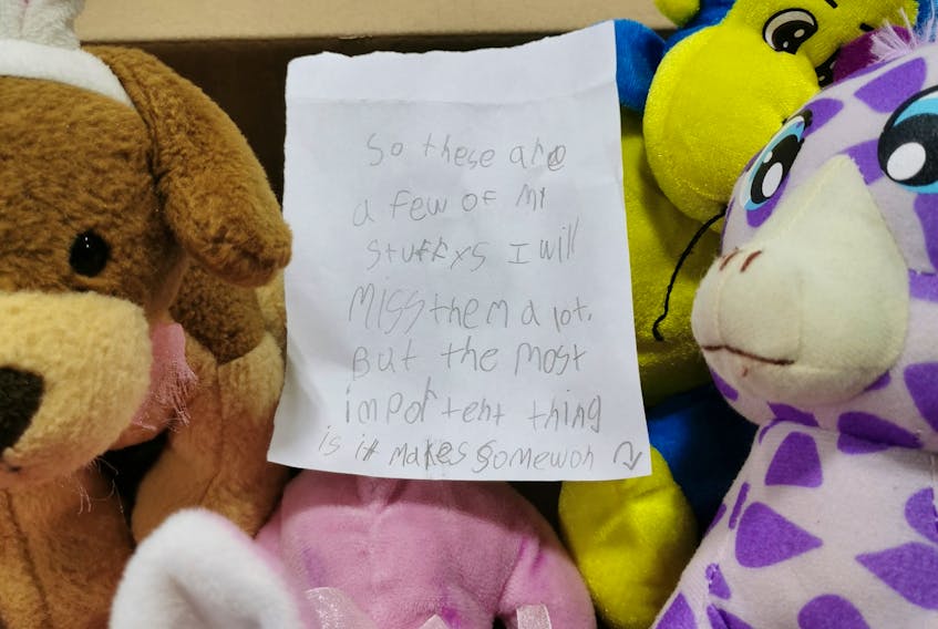 A box of stuffy toys donated to children in Port Aux Basques came with a note: “So these are a few of my stuffys. I will miss them a lot. But the most important thing is it makes somewon happy. Mackenzie Wells, Botwood.”