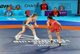 Prince Edward Island’s Hannah Taylor, left, competes in the wrestling competition of the 2022 Commonwealth Games in Birmingham, England, on Aug. 5. Taylor went 2-1 (won-lost) and won a bronze medal. Taylor has been named to Canada's world team that will compete later this month in Serbia. Wrestling Canada • Special to The Guardian