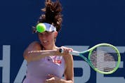  Rebecca Marino hits a forehand against Shuai Zhang on Day 5 of the 2022 U.S. Open tennis tournament at USTA Billie Jean King Tennis Center in New York on Sept. 2.