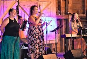 Brigid trio during a recent performance at the Round Barn in Old Barns in support of the EyeBike Nova Scotia ride which raised money and awareness in the fight against ocular cancer. Pictured are band members Beth Terry (left), Sarah Glinz and Emma Smit-Geraghty. Richard MacKenzie