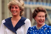FILE - In this Aug. 4, 1987 file photo, Diana, Princess of Wales, left, and Britain's Queen Elizabeth II smile to well-wishers outside Clarence House in London. Britain's Queen Elizabeth celebrates her 90th birthday on Thursday, April 21, 2016. (AP Photo/Martin Cleaver, File) ORG XMIT: LLT114 ORG XMIT: POS1604180525000641