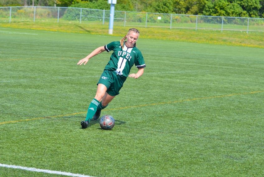 The UPEI Panthers’ Erin Piltzmaker, 4, controls the ball during a game in the Mulligan Cup against the Holland Hurricanes on Sept. 5. The Mulligan Cup is held in honour of Vince Mulligan’s many years of contributions to athletics at St. Dunstan’s University and UPEI. Mulligan played an important role in developing the soccer programs at UPEI. Jason Simmonds • The Guardian