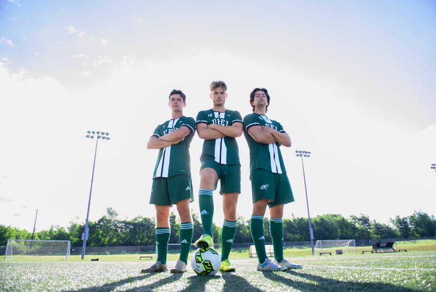 The UPEI Panthers open the 2022 Atlantic University Sport (AUS) men’s soccer regular season on the road against the Cape Breton Capers on Sept. 10. Three of this year’s Panthers are, from left, Colin Curran, Max VanWiechen and Francisco Sanchez. UPEI Communications • Special to The Guardian