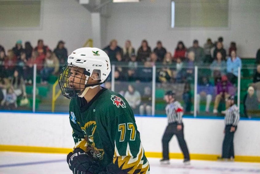 Marcellus Francis of the Eskasoni Eagles was one of many goal-scores in the Eagles' 8-6 win over the Membertou Jr. Miners in Nova Scotia Junior Hockey League action Friday night in Eskasoni.
