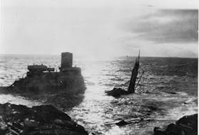This photo shows the wreck of the Pollux in Chambers Cove near St. Lawrence in February 1942. Contributed photo