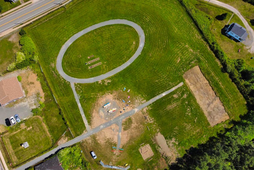 An aerial view of the new community park in the No. 11 area of Glace Bay is shown. The park, built on a former baseball field, includes a walking track, accessible walkways and a planned skating rink, which can be seen in the bottom right of this photo. CONTRIBUTED - Number Eleven Volunteer Society