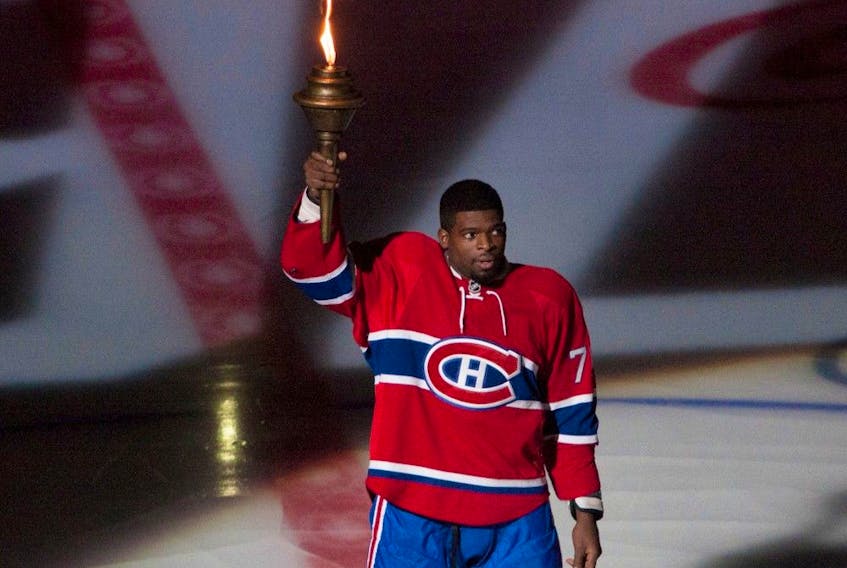 P.K. Subban takes part in a pre-game ceremony before the Canadiens' home opener against the Rangers at the Bell Centre in 2015.