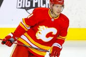 Calgary Flames Walker Duehr during warm up before taking on the San Jose Sharks in NHL action at the Scotiabank Saddledome in Calgary on Tuesday, November 9, 2021.