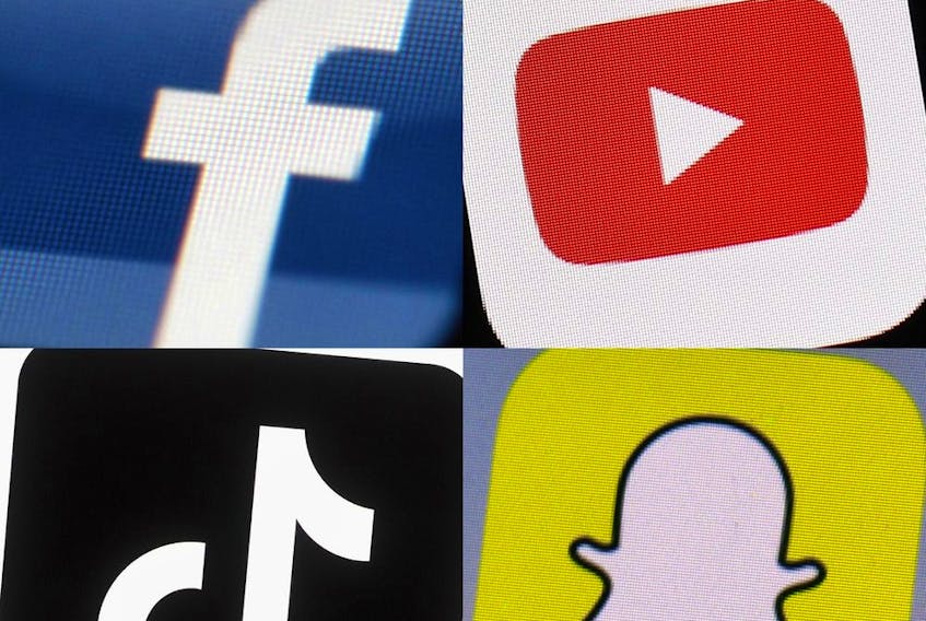 This combination of 2017-2022 photos shows the logos of Facebook, YouTube, TikTok and Snapchat on mobile devices.  