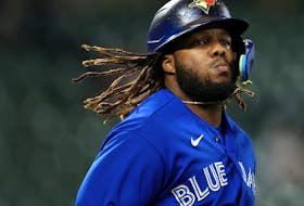 Vladimir Guerrero Jr. of the Toronto Blue Jays looks on after being forced out at first base against the Baltimore Orioles during the third inning at Oriole Park at Camden Yards on Sept. 7, 2022 in Baltimore, Md.