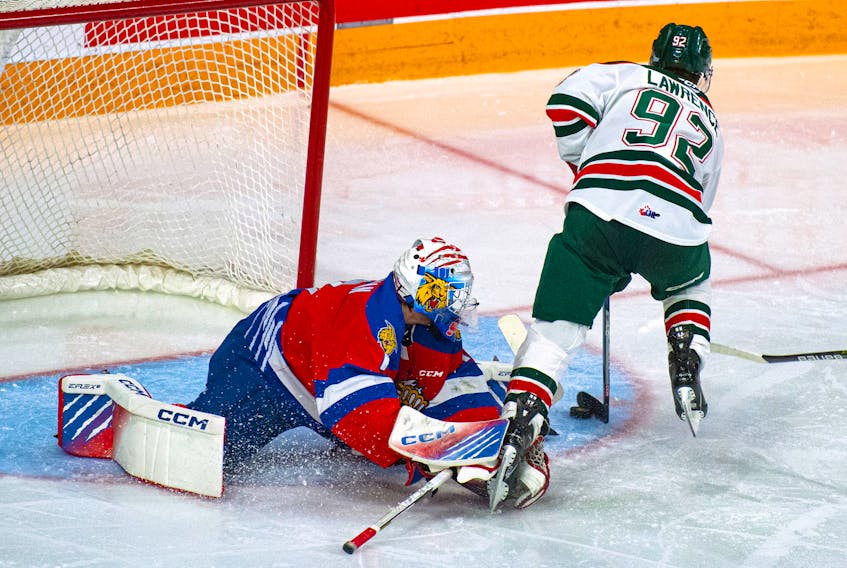 Halifax Mooseheads centre Josh Lawrence steps around a poke check from Moncton Wildcats goalie Jacob Steinman to score a second-period goal during a QMJHL game at the Scotiabank Centre on Sunday, Jan. 15, 2023.
Ryan Taplin - The Chronicle Herald