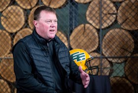 Edmonton Elks head coach and general manager Chris Jones addresses media during the Canadian Football League Winter Meetings at the Pomeroy Kananaskis Mountain Lodge on Jan. 10, 2023.
