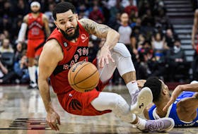 Raptors guard Fred VanVleet, hitting the floor after colliding with Milwaukee Bucks forward Giannis Antetokounmpo earlier this month, may miss Monday afternoon's tip against the Knicks after his back began acting up again on Sunday. 