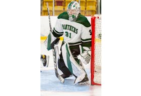 UPEI Panthers goaltender Sarah Forsythe, 31, in action during an Atlantic University Sport Women’s Hockey Conference game at MacLauchlan Arena in Charlottetown earlier this season. Forsythe played a big role in the Panthers’ two road wins over the weekend.