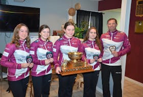 The Ella Lenentine rink from the Cornwall Curling Club won the 2023 Pepsi P.E.I. junior women’s curling championship at the Crapaud Community Curling Club on Jan. 15. The rink went a perfect 6-0 and swept the A, B and C sections. Team members are, from left, Lenentine, Makiya Noonan, third stone, Kacey Gauthier, second stone, Erika Pater, lead, and Robbie Lenentine, coach. Jason Simmonds • The Guardian
