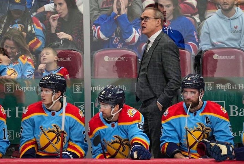 Florida Panthers head coach Paul Maurice looks on during the game against the New York Rangers in the first period at FLA Live Arena. 