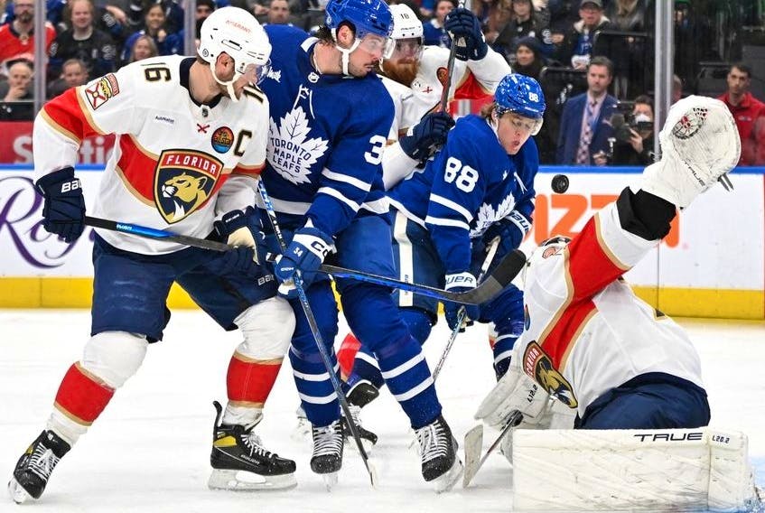 Toronto Maple Leafs forward William Nylander scores past Florida Panthers goalie Sergei Bobrovsky in the third period at Scotiabank Arena. 