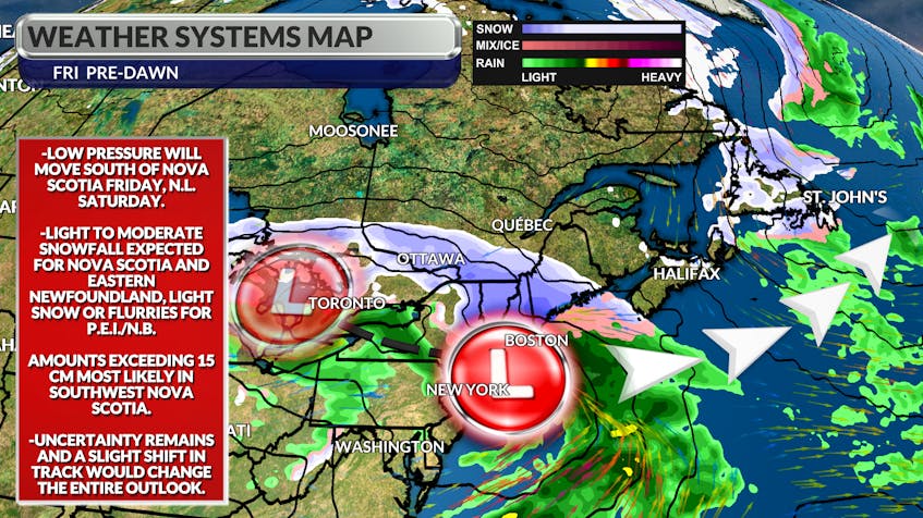 Low-pressure tracking south of the region into the upcoming weekend is set to bring snow to parts of Atlantic Canada.