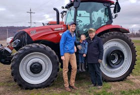 Allan Melvin, the new president of the Nova Scotia Federation of Agriculture, on the family farm with his father Richard and son Ryker.