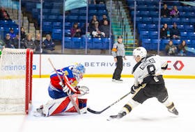 Charlottetown Islanders forward Giovanni Morneau, 8, goes 1-on-1 with Moncton Wildcats goaltender Vincent Filion during a Quebec Major Junior Hockey League (QMJHL) game at Eastlink Centre on Jan. 18. Morneau scored a goal and added an assist in the Islanders’ 5-3 win. Charlottetown Islanders • Special to The Guardian