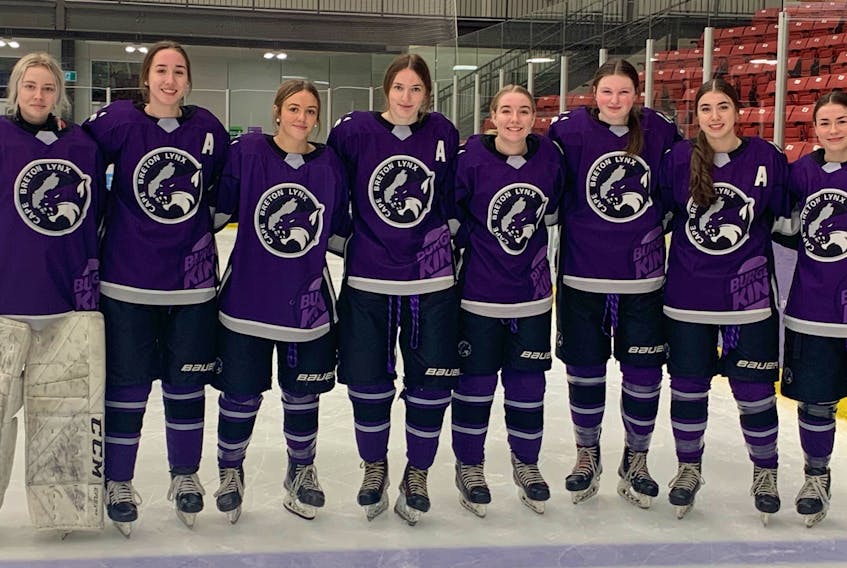 The Cape Breton Lynx held their annual senior night on Saturday, celebrating the graduating players who will wrap up their careers with the Maritime Major Female Hockey League team at the end of the season. The Lynx were successful in picking up a 4-2 win over the Eastern Stars at the Membertou Sport and Wellness Centre. From left, Anna MacNeil, Catherine Chiasson, Maira Pino, Mae MacEachern, Morgan O’Keefe, Kameryn Lahey, Erin Lawless and Samantha Morrison. PHOTO/NELLIE EDWARDS