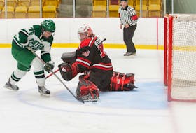 UPEI Panthers forward Chloe McCabe, 76, attempts to make a move on UNB Reds goaltender Kendra Woodland in an Atlantic University Sport (AUS) Women’s Hockey Conference game at MacLauchlan Arena earlier this season. Janessa Hogan • UPEI Athletics
