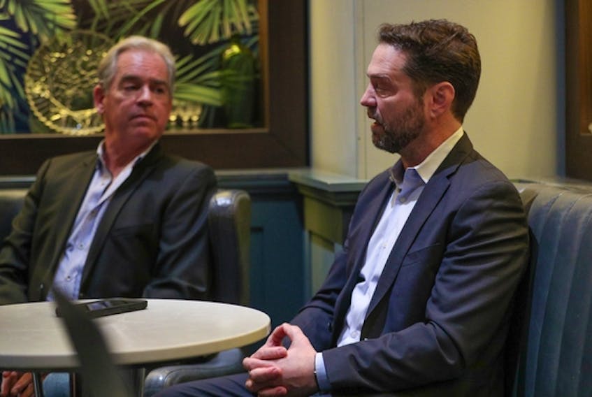 Canadian actor and director Jason Priestley and executive producer Michael Geddes (left) speak with Toronto Sun writer Lance Hornby about the upcoming documentary Offside: The Harold Ballard story that airs this Sunday night on CBC and CBC Gem, on Wednesday, Jan. 18, 2023. 