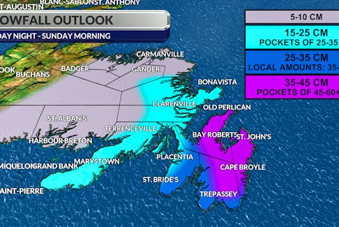 Latest model guidance projects total snowfall amounts of 20 to 40 cm on the Avalon Peninsula, with amounts of 40 to 60 cm possible in St. John’s.