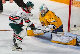 Halifax Mooseheads forward Markus Vidicek scores on a shorthanded breakaway against Shawinigan Cataractes goalie Giovacchino DiMattia during the first period of QMJHL action at the Scotiabank Centre on Thursday, Jan. 19, 2023.
Ryan Taplin - The Chronicle Herald