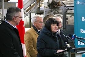 During a news conference in Springbrook, P.E.I., Ginette Petitpas Taylor, centre, Ottawa’s Minister responsible for the Atlantic Canada Opportunities Agency, announces $40 million of federal support for Atlantic Canadian aquaculture enterprises affected by last fall’s post-tropical storm Fiona. Petitpas Taylor was accompanied in the announcement by P.E.I. MPs Heath MacDonald, left, Sean Casey and Lawrence MacAulay. Stu Neatby • The Guardian