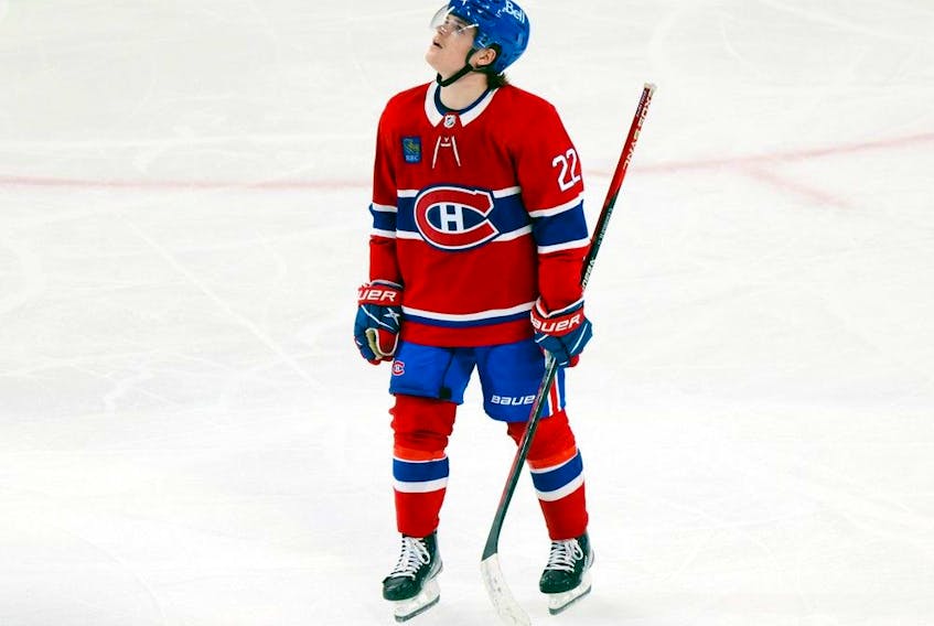 The Canadiens’ Cole Caufield had had 26-10-36 totals in 46 games this season.