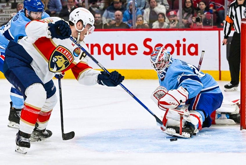 Florida Panthers left-wing Matthew Tkachuk scores on Montreal Canadiens' Sam Montembeault during the second period at the Bell Centre on Montreal on Jan. 19, 2023.