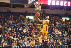 Newfoundland Rogues guard Armani Chaney soars to the hoop for two points during the Rogues’ first game back at the Mary Brown’s Centre in St. John’s since last spring. Chaney and the Rogues defeated the Raleigh Firebirds twice in a two-gamer series in St. John’s over the weekend. Newfoundland Rogues photo