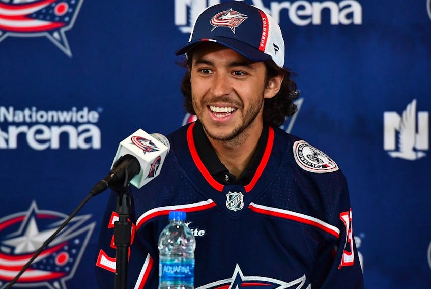  Johnny Gaudreau is pictured after signing a seven-year contract with the Columbus Blue Jackets.