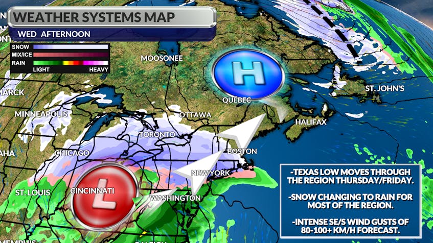 As our latest system departs, a Texas low will bring heavy precipitation and intense winds Thursday in the Maritimes, into Friday for Newfoundland.