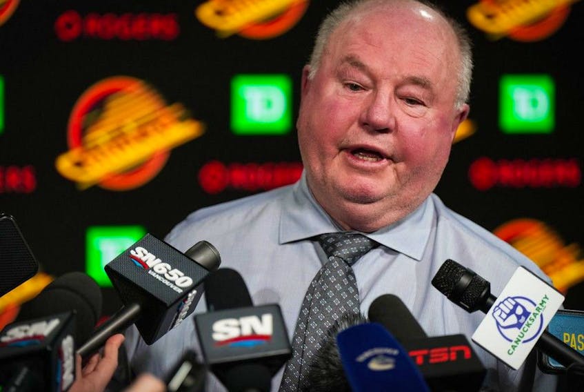  Bruce Boudreau fields reporters’ questions on his final night as head coach of the Vancouver Canucks, after the Canucks lost 4-2 to the visiting Edmonton Oilers on Saturday night.