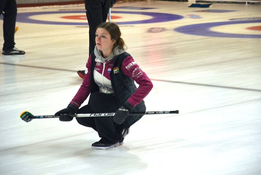 Makiya Noonan, third stone for the Ella Lenentine rink from Cornwall, follows a shot during the recent Pepsi P.E.I. junior curling championships in Crapaud. The Lenentine rink will represent P.E.I. at the 2023 Canada Winter Games in P.E.I. in February.