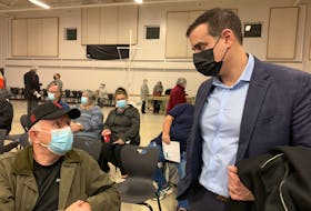 Yarmouth MLA, former provincial Health Minister and Liberal Party of Nova Scotia leader Zach Churchill (right) talks with Shelburne County resident Rahn O’Connell at the Community Healthcare Conversation in Shelburne on Jan. 18. KATHY JOHNSON.