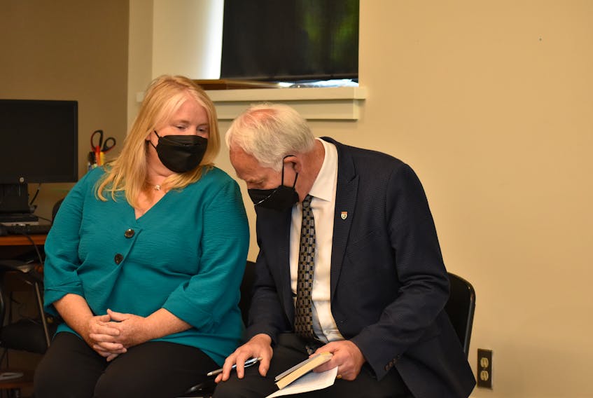 MLA and health critic Michelle Beaton speaks to Green Leader Peter Bevan-Baker in Charlottetown in July 2022. Guardian file