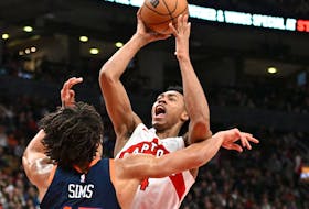 Toronto Raptors forward Scottie Barnes (4) shoots the ball over New York Knicks centre Jericho Sims (45) in the second half at Scotiabank Arena. 
